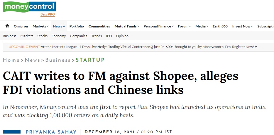 Shopee因违反FDI政策，印度贸易商联合会将采取行动