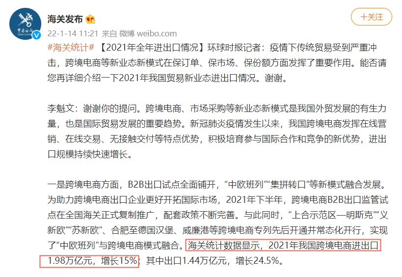 海关总署：2021年我国跨境电商进出口规模达1.98万亿元