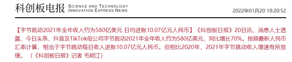 字节跳动2021年收入580亿美元 同比增70%