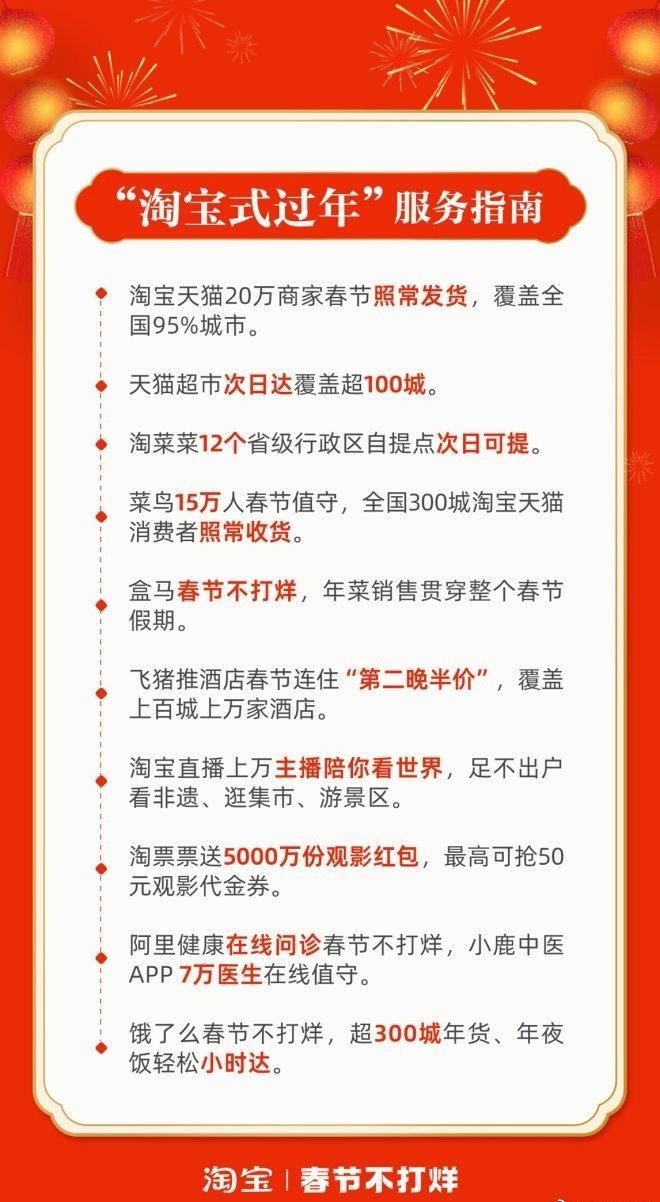 淘宝天猫“春节不打烊”活动上线，20万商家春节照常发货