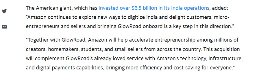 亚马逊收购GlowRoad，寻求印度电商市场更多份额