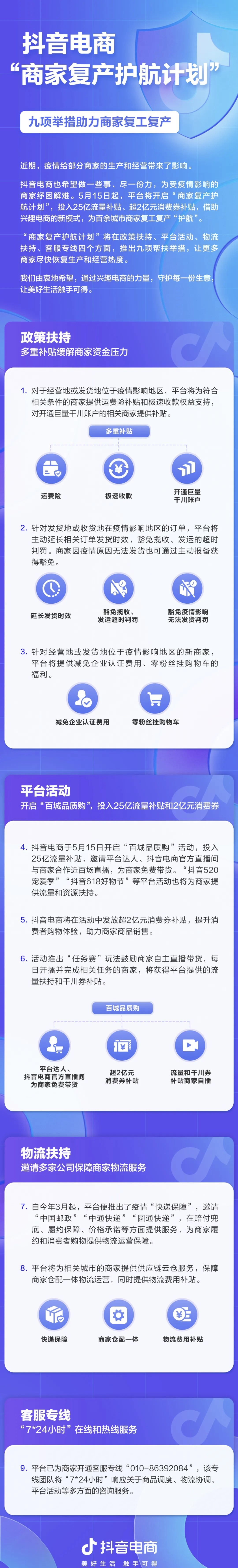 抖音电商启动“商家复产护航计划”，将提供供应链云仓服务